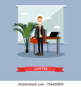 Vector illustration of attorney for defense or prosecution barrister, jurist. Lawyer flat style design element.