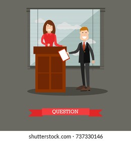 Vector illustration of attorney questioning witness female standing at tribune. Interrogation in court flat style design element.