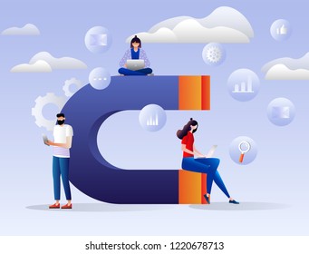 Vector illustration of attracting online customers. Big magnet and people with laptop around. Customer retention strategy, digital inbound marketing, customer attraction gradient banner. Characters.