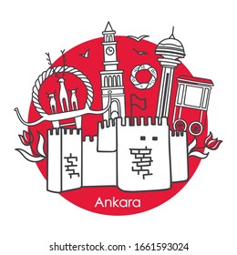 Vector illustration Attractions of Ankara, Turkey. Famous Tower, Mausoleum, Hittite monument and other Turkish symbols. Circle banner design for souvenir print and capital city promotion.