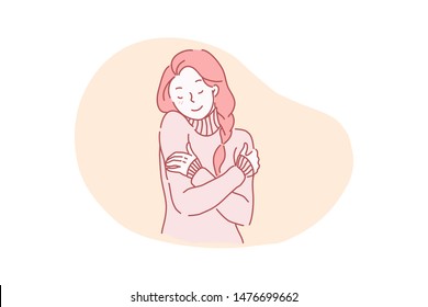 Vector illustration attractive, charming, well groomed beautiful, gentle, calm cheerful young girl hugging herself. Simple flat vector.