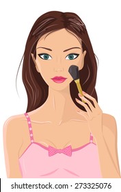 Vector illustration of attractive dark-haired female in a pink dress applying make-up powder blush with a cosmetics brush against clear/white background