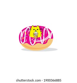 vector illustration of an attractive and delicious donut icon with a cute cat in the middle drinking bubble, this illustration is suitable for banner menus and children's books and so on.