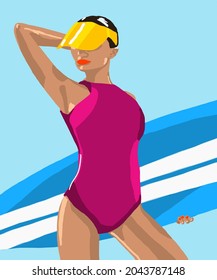 Vector illustration of attractive girl with blue surfer board in swimsuit. Surfing girl for postcard, poster, advertisement. Surfing label design element. 