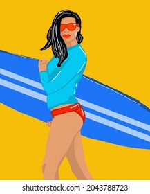 Vector illustration of attractive girl with blue surfer board in yellow swimsuit. Surfing girl for postcard, poster, advertisement. Surfing label design element.