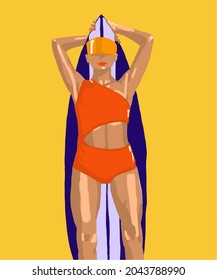 Vector illustration of attractive girl with blue surfer board in red swimsuit. Surfing girl for postcard, poster, advertisement. Surfing label design element.