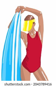 Vector illustration of attractive girl with blue surfer board in red swimsuit. Surfing girl for postcard, poster, advertisement. Surfing label design element.