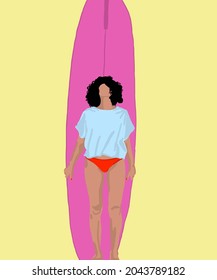 Vector illustration of attractive girl with pink surfer board in swimsuit. Surfing girl for postcard, poster, advertisement. Surfing label design element.