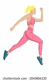 Vector illustration of attractive girl in pink sport suit is running. Running girl for postcard, poster, advertisement. Both running and jogging are forms of aerobic exercise. 