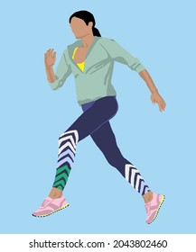 Vector illustration of attractive girl in sport suit is running. Running girl for postcard, poster, advertisement. Both running and jogging are forms of aerobic exercise. 