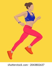 Vector illustration of attractive girl in sport suit is running. Running girl for postcard, poster, advertisement. Both running and jogging are forms of aerobic exercise. 