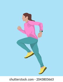 Vector illustration of attractive girl in sport suit is running. Running girl for postcard, poster, advertisement. Both running and jogging are forms of aerobic exercise. 