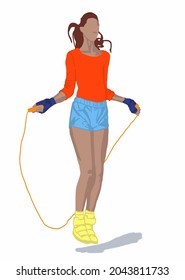 Vector illustration of attractive girl in sport suit jump with skipping rope and jump rope. Jumping girl for postcard, poster, advertisement. Forms of aerobic exercise. 