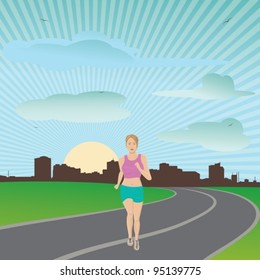 Vector illustration of attractive healthy living woman jogging early morning.