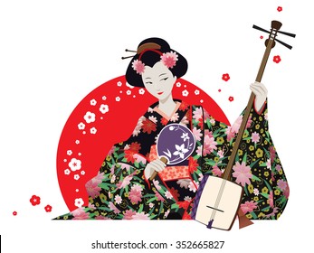 Vector illustration. Attractive japanese girl wearing kimono holding fan and shamisen with red sun  and cherry flowers behind. Isolated on white.