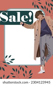 Vector illustration of an attractive man in stylish clothes with an inscription discount close-up. Shop social media banner with women's or men's clothing