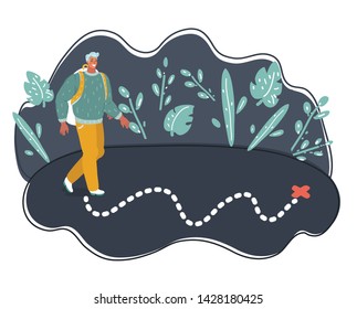 Vector illustration of Attractive man walks alone at night on route. Destination mark.