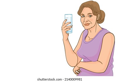 Vector illustration of attractive mature woman holding glass drinking water,body hydrating,holding glasses,menopause woman smiling friendly,on white,Health care,hormonal imbalance in older lady.