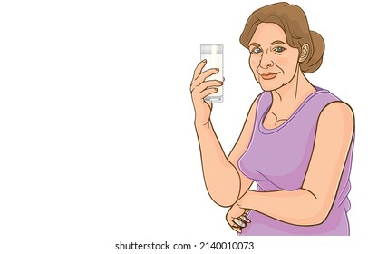 Vector Illustration Of Attractive Mature Woman Holding Glass Of Milk,drinking Milk,holding Glasses,menopausal Woman Smiling Happily,isolated On White,Health Care,hormonal Imbalance In Older Lady.