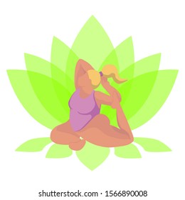 Vector illustration of an attractive overweight woman on lotus background in flat style. Happy yoga plus size girl. Happy body positive concept.