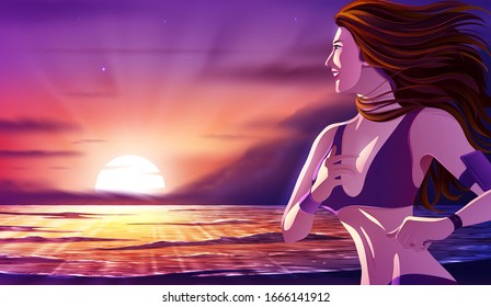 A vector illustration of an attractive woman running on the beach in the beautiful morning, at which the sun is rising up at the horizon.