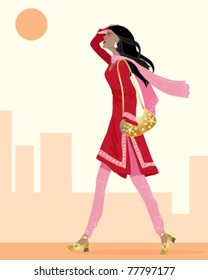 vector illustration of an attractive young asian woman wearing traditional salwar kameez walking through the city in eps 10 format