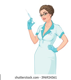 Vector illustration. Attractive young nurse with a syringe in her hand. Isolated on white background