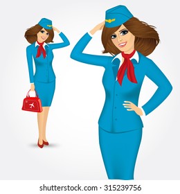 vector illustration of attractive young stewardess in blue uniform saluting greetings