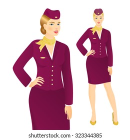 Vector illustration of attractive young stewardess in uniform