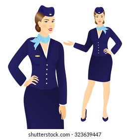Vector illustration of attractive young stewardess in blue uniform