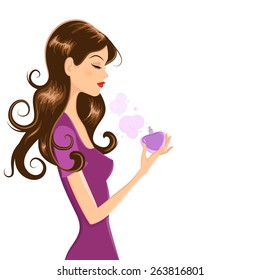 Vector illustration of attractive young woman with long dark hair and closed eyes. She is holding heart shaped perfume bottle while putting scent on herself.