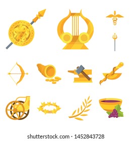 Vector illustration of attributes and greek logo. Collection of attributes and god stock symbol for web.