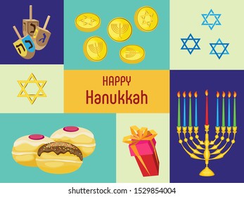 Vector illustration with attributes of the holiday of Hanukkah on the background of multi-colored dice