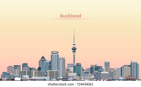 Vector Illustration Of Auckland City Skyline At Sunrise