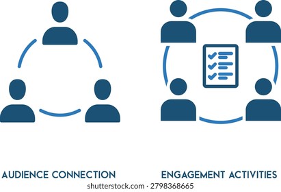Vector illustration of audience connection and engagement activities icons in blue on white background