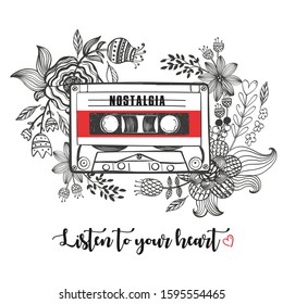 Vector illustration of audio cassette drawn with a tablet, hand drawn flower frame, curly lettering listen with your heart, nostalgia, drawing in tattoo style, old school fashion print for t shirt