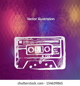 vector illustration of audio cassette on a geometric background.