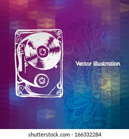 vector illustration of audio cassette on a geometric background.