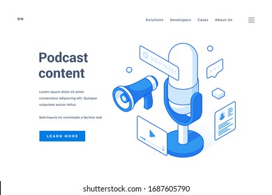 Vector illustration of audio devices for interesting podcast content recording depicted near description and link button on advertisement banner. Isometric web banner, landing page template