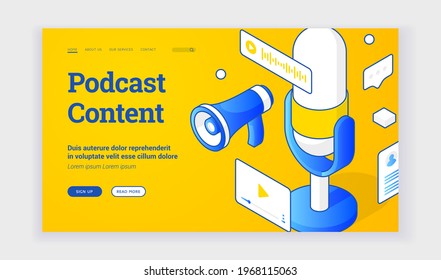 Vector illustration of audio devices for interesting podcast content recording depicted near description and link button on advertisement banner. Isometric web banner, landing page template