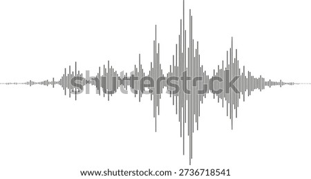 Vector illustration of audio waveform with symmetrical vertical lines, sound amplitude pattern, minimalist signal design, music editing concept