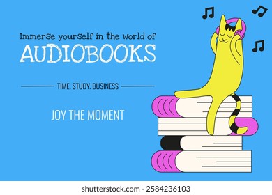 Vector illustration Audiobooks banner template design. Vibrant color Online Education theme. Whimsical cat and books. Training distance Education concept. EPS 10