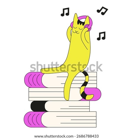 Vector illustration Audiobooks poster cover template design. Vibrant color Online Education theme. E-learning theme. Whimsical cat and books. Training distance Education concept. EPS 10
