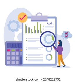 Ilustración vectorial de la auditoría. Escena de caricatura con una niña que estudia gráficos económicos e indicadores de fondo blanco. Cálculos económicos, gráficos y gráficos.