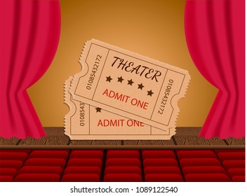 Vector illustration. Auditorium with empty seats  and theater stage with curtains. Theater ticket
