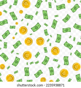 Vector illustration of Augur money. Random pattern of banknotes and coins in green and gold colors on transparent background (PNG). 