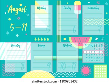 Vector illustration of August 2019 Weekly planner with abstract summer background. For print notebooks, format A5. Cute page for notes. Daily planner 2019 calendar for companies and private use.