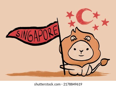 Vector Illustration August 9th Singapore's Independence Day. Singapore National Day Decorative Design with Lion Cartoon Holding Flag.