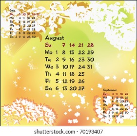 Vector illustration of August with apple branch, butterflies and flowers.
