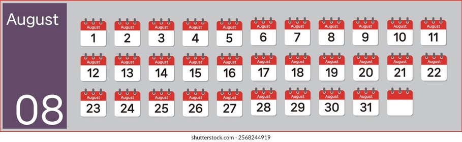 Vector (Illustration) of August calendar made with numbers in the shape of icons
